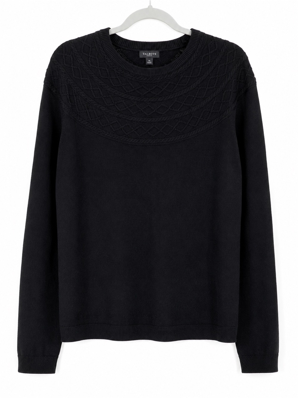 Talbots Womens Sweater XL Black Cable Knit Yoke Long Sleeve Pullover Fair Isle